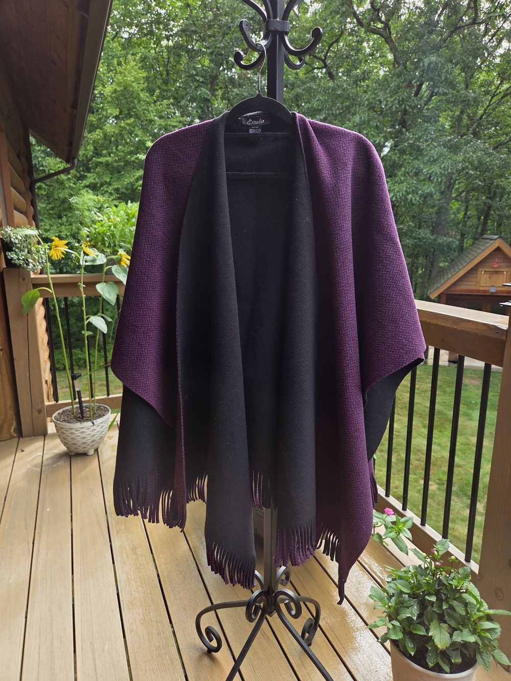 Reversible Black and Deep Plum Fringe Wrap